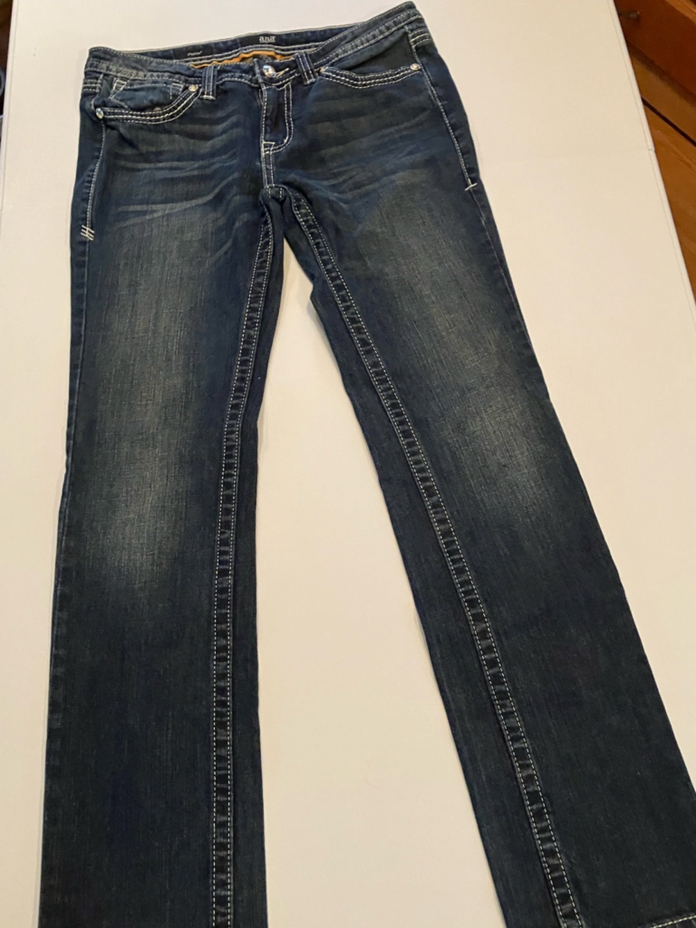 ANA Women’s Dark Wash Straight Leg Jeans featuring thick accent stitching Size 8